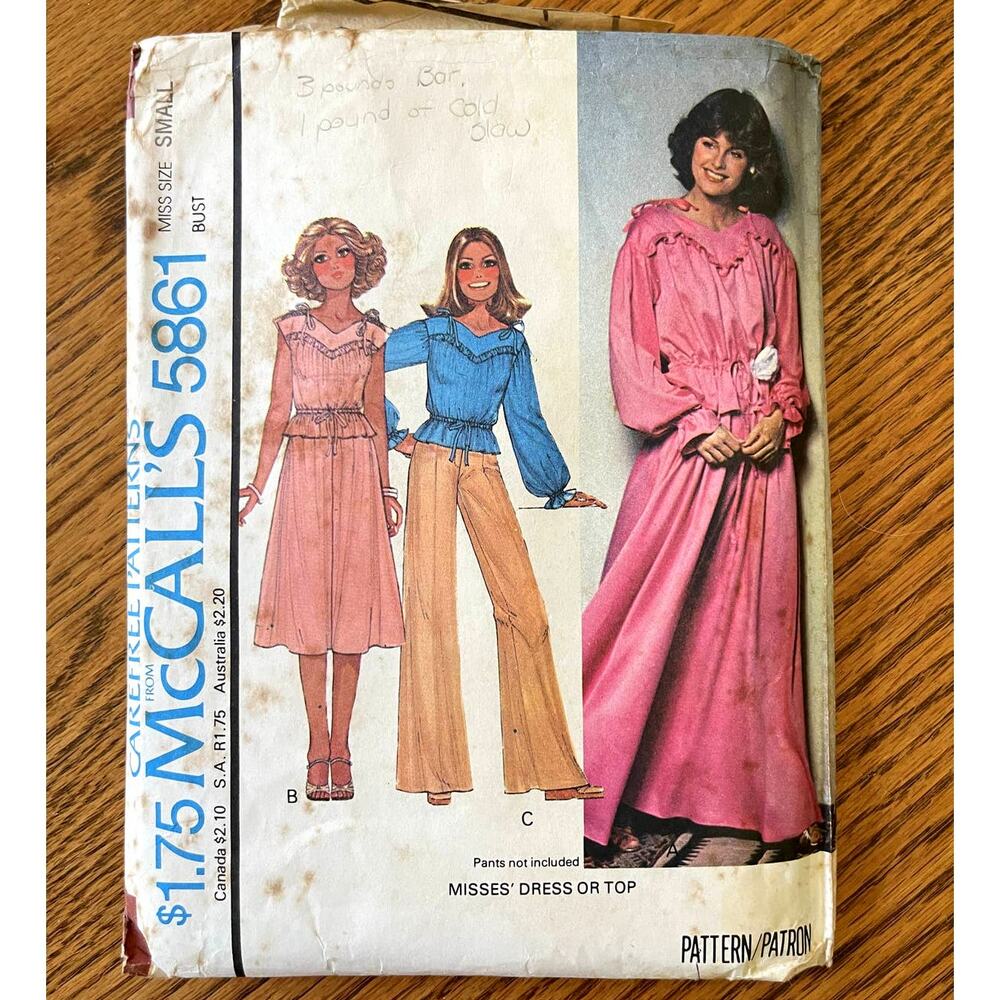Vintage 1970s McCalls 5861 Sewing Pattern Size Small Dress or Top COMPLETE